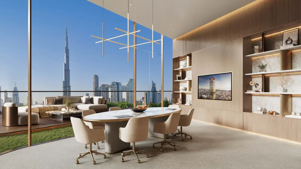 Modern executive lounge and meeting space with a large oval table, light wood paneling, and a floor-to-ceiling window overlooking the Burj Khalifa in Sol Luxe Tower.