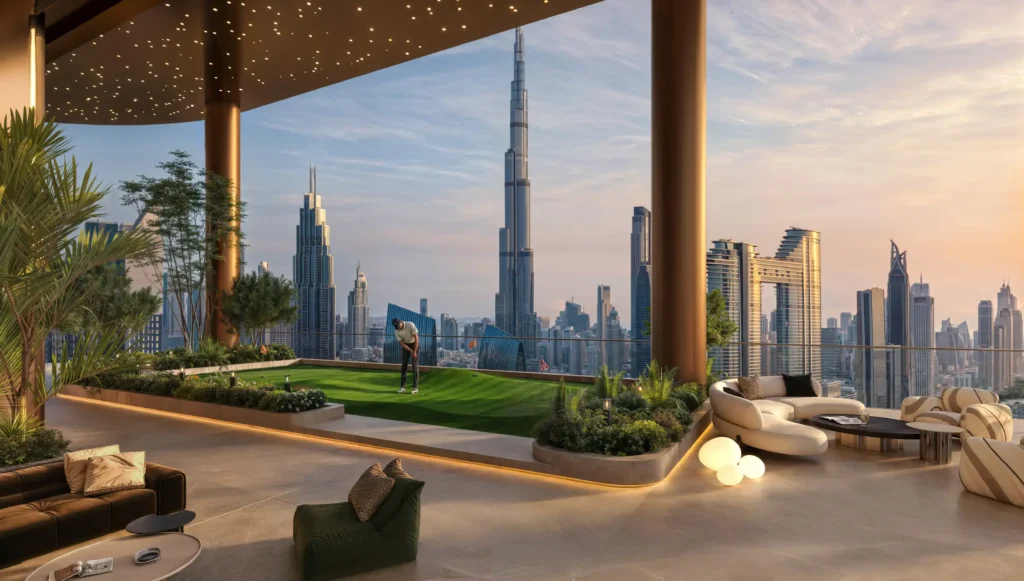 Sunset view from a Sol Luxe Tower penthouse terrace featuring a private putting green, outdoor sofa lounge, and the massive Burj Khalifa in the Dubai skyline.