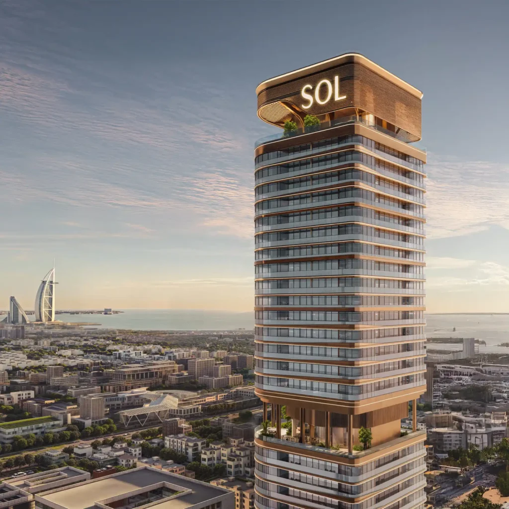 Exterior architectural rendering of the modern, gold and glass Sol Luxe Tower skyscraper with the Burj Al Arab visible in the distant background near the sea.