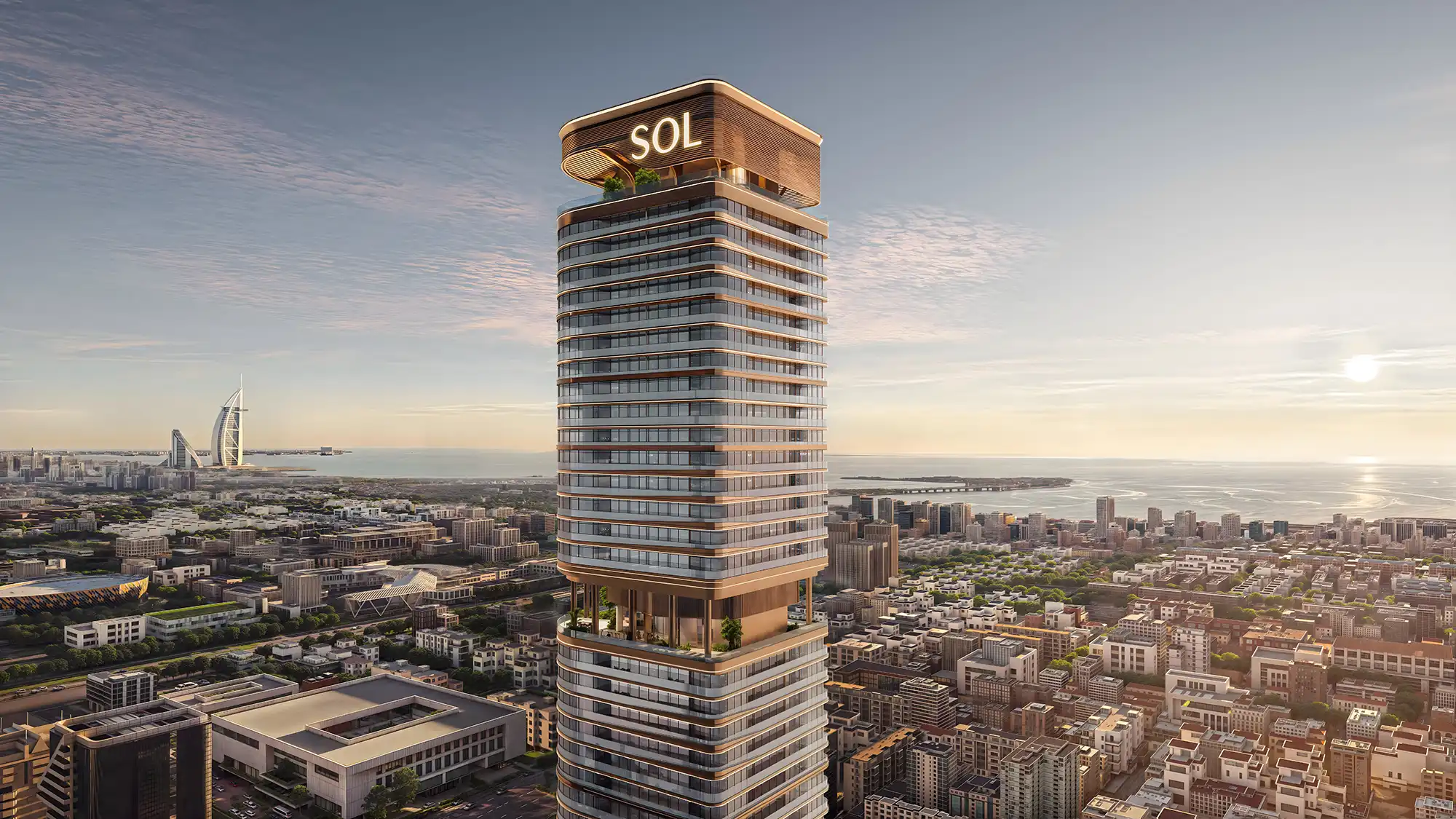 Exterior architectural rendering of the modern, gold and glass Sol Luxe Tower skyscraper with the Burj Al Arab visible in the distant background near the sea.